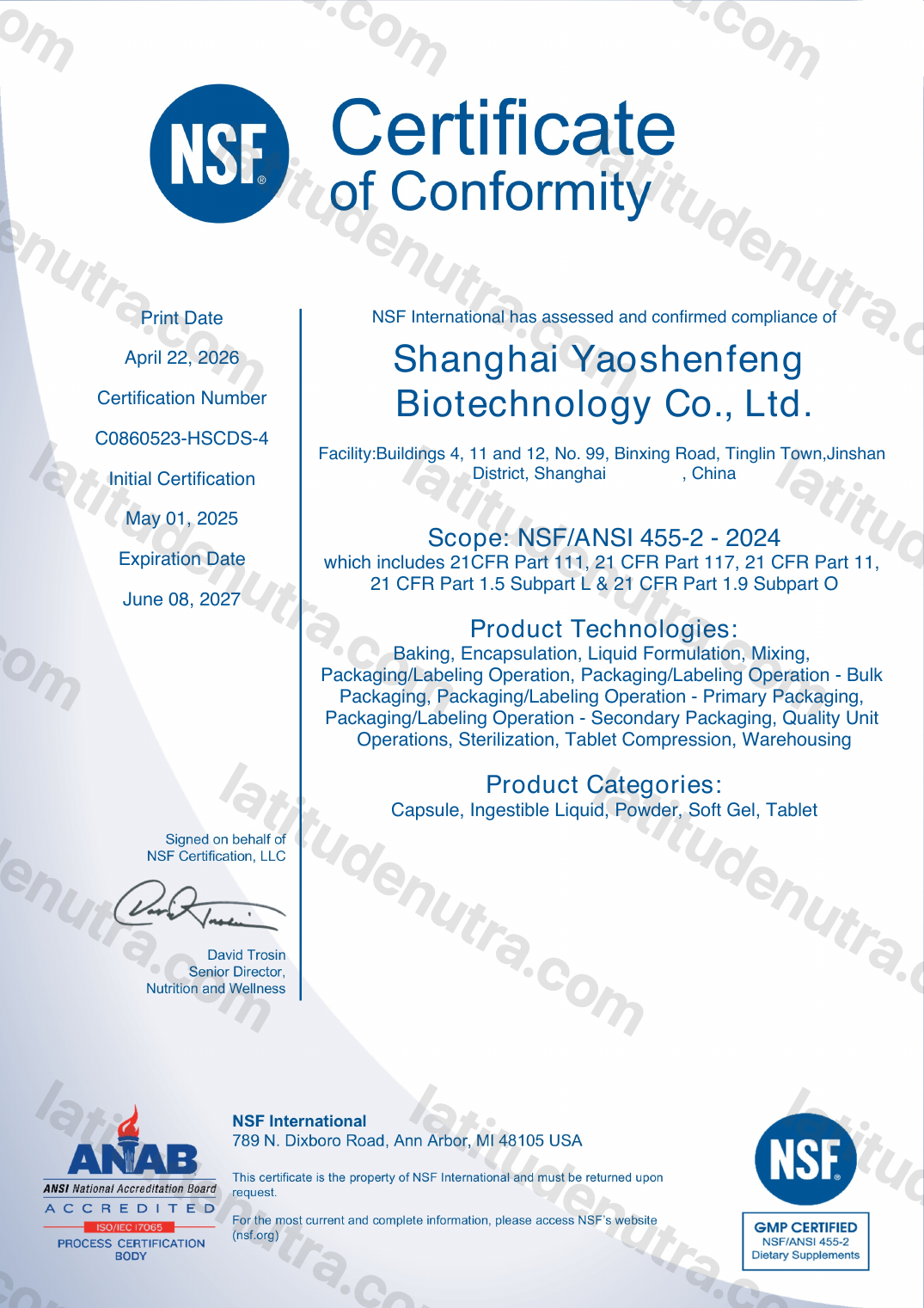 NSF GMP for Dietary Supplements